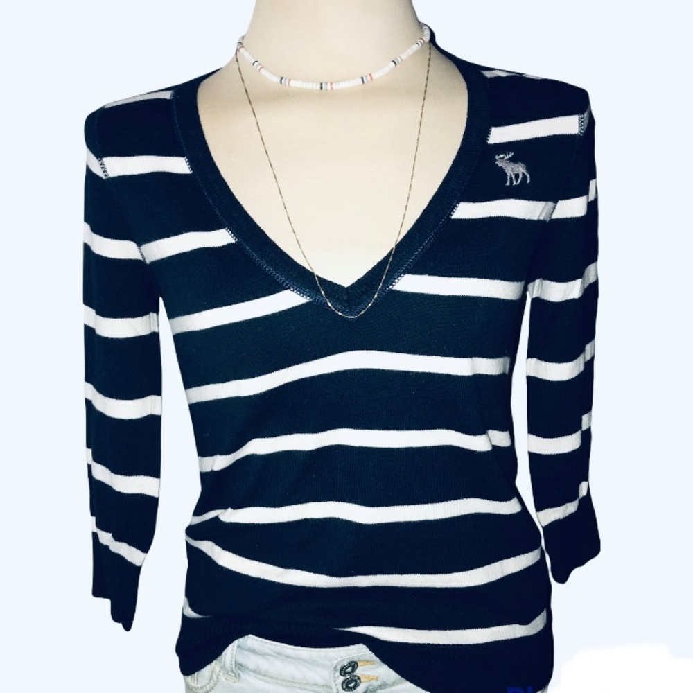 Abercrombie and Fitch Y2K v-neck cotton stripe sailorcore sweater white navy M - Picture 1 of 9